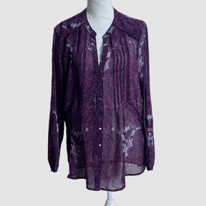 Lucky Brand Wine Paisley Long Sleeve Sheer Button Up Blouse Women’s M